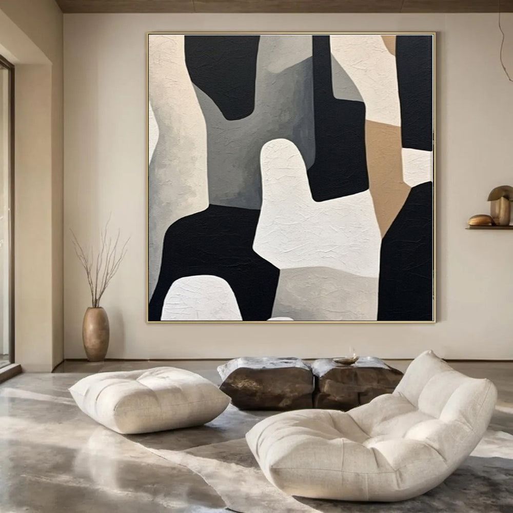 Black, White, Beige with Abstract Shapes "Monochrome Mosaic" Abstract Painting On Canvas PS1280