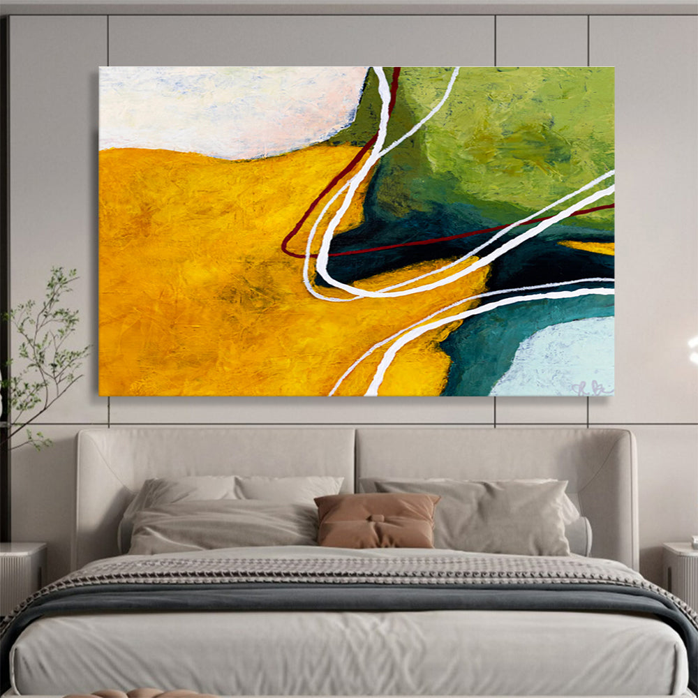 “Yellow, Green And Curved Lines Abstract” - Abstract Painting On Canvas DKS551