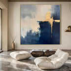 Navy, White, Gold with Abstract Overlays "Gilded Horizons" Abstract Painting On Canvas PS1311