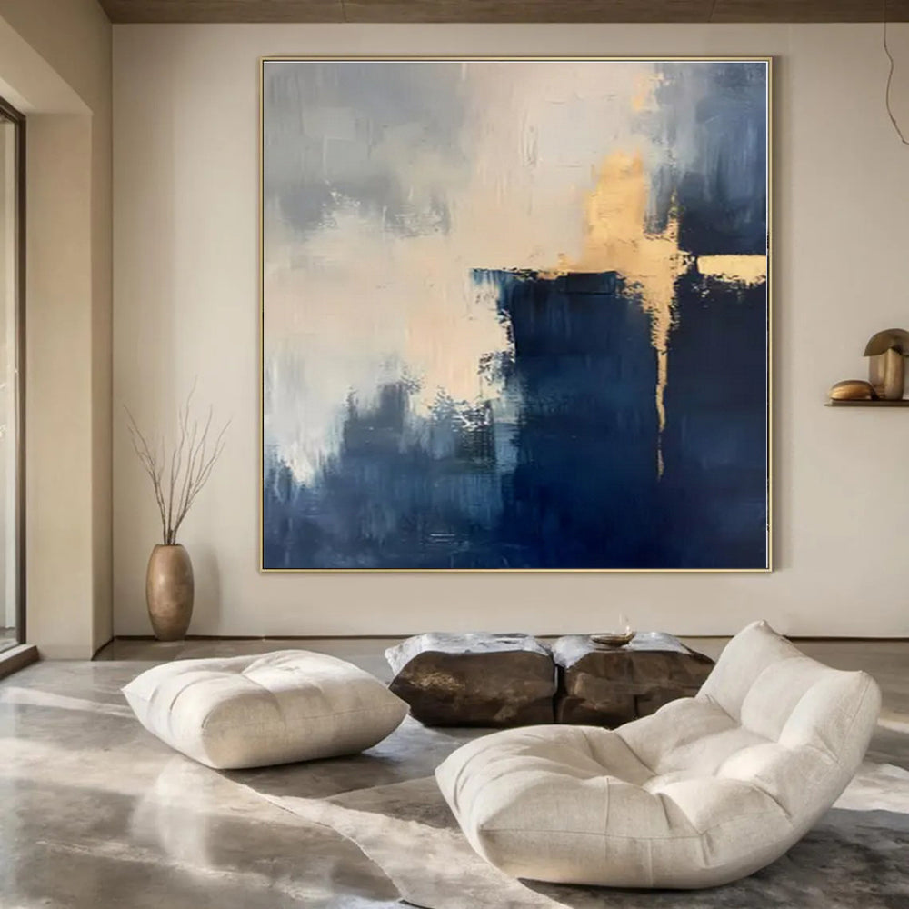 Navy, White, Gold with Abstract Overlays "Gilded Horizons" Abstract Painting On Canvas PS1311