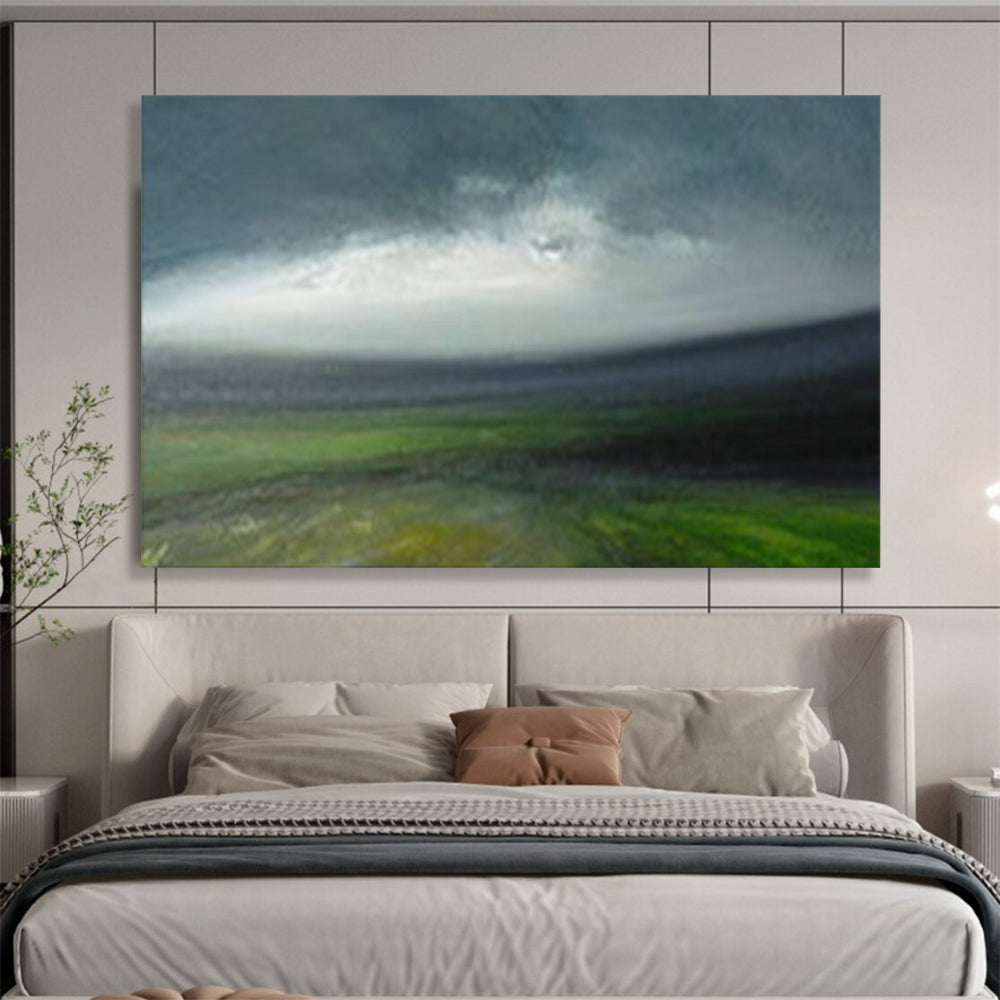 “Moody Landscape in Green, Gray & White” - Impressionistic Nature Painting On Canvas PT005