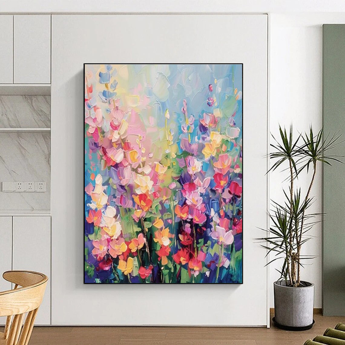 “Colorful Floral Field” - Multicolor Abstract Floral Painting On Canvas PS0694
