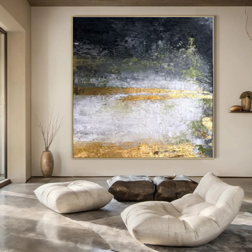 Black, Green, Gold, and White Layered, "Mystic Veil" – Layered Abstract Painting On Canvas PS1008