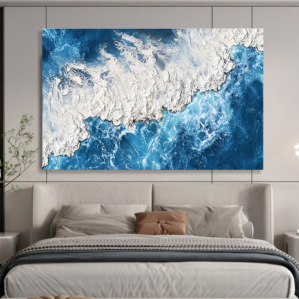 “Textured Blue Coast” - Blue, White & Gray Seascape, Impasto Oil Painting On Canvas DKS785