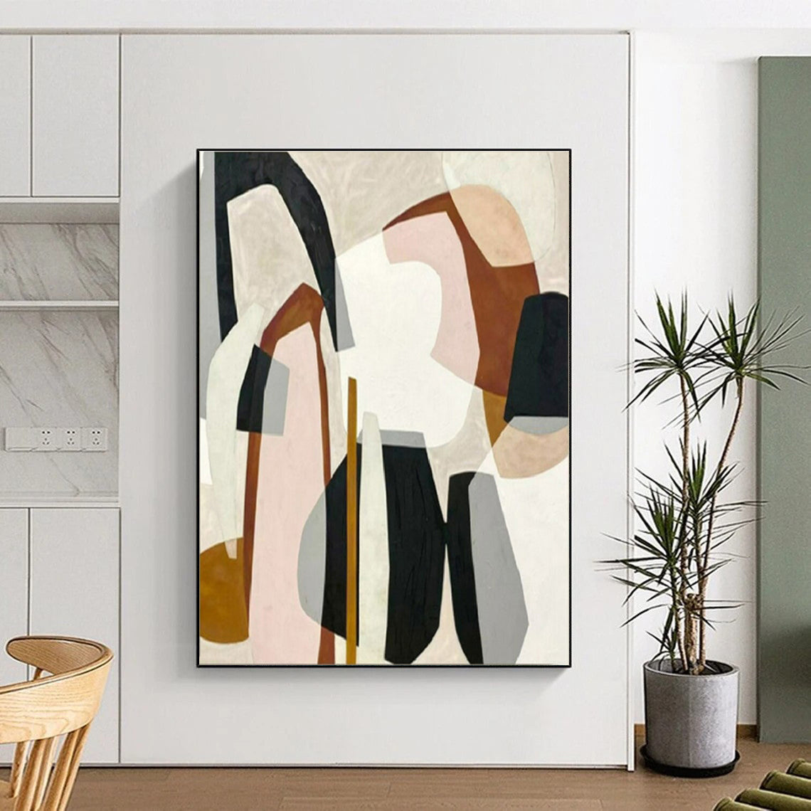 “Pastel Geometric Fusion” - Pink, Brown, Gray, Black Abstract Cubist Painting On Canvas PS0670