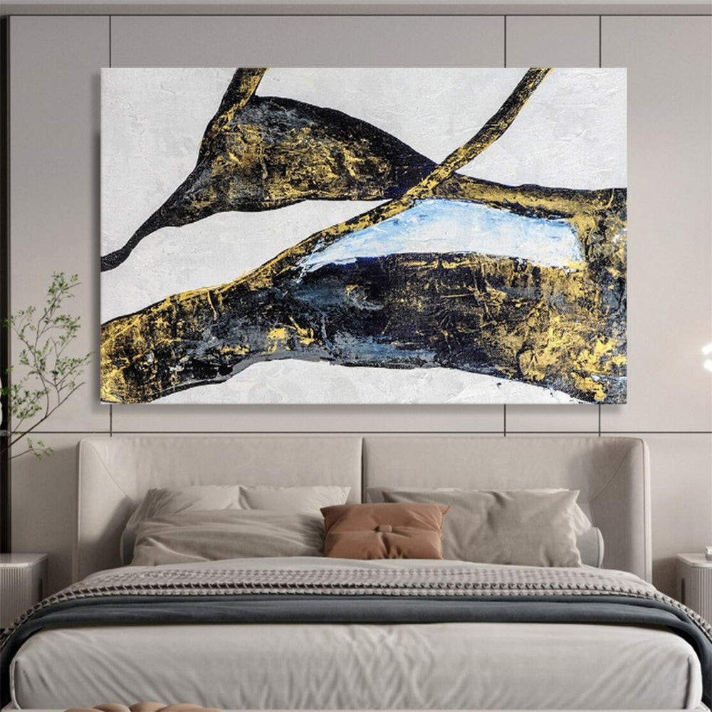 Black, Gold & Blue Abstract Shapes Painting On Canvas DKS011