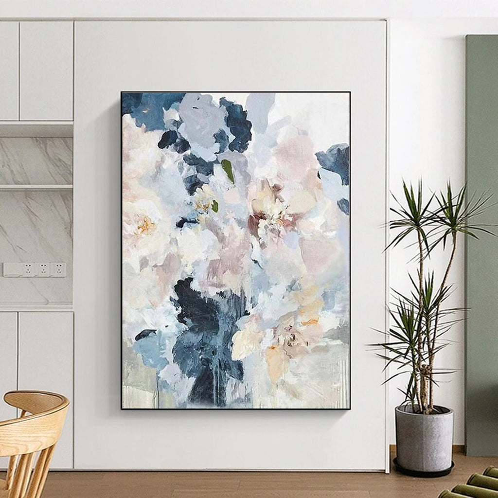 “Soft - Toned Floral Bouquet” - Blue, White, Pink Abstract Floral Painting On Canvas PS0585