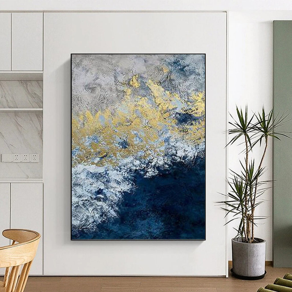 “Blue, White, and Gold Ocean Wave” - Abstract, Metallic - Accented Painting On Canvas PT1549