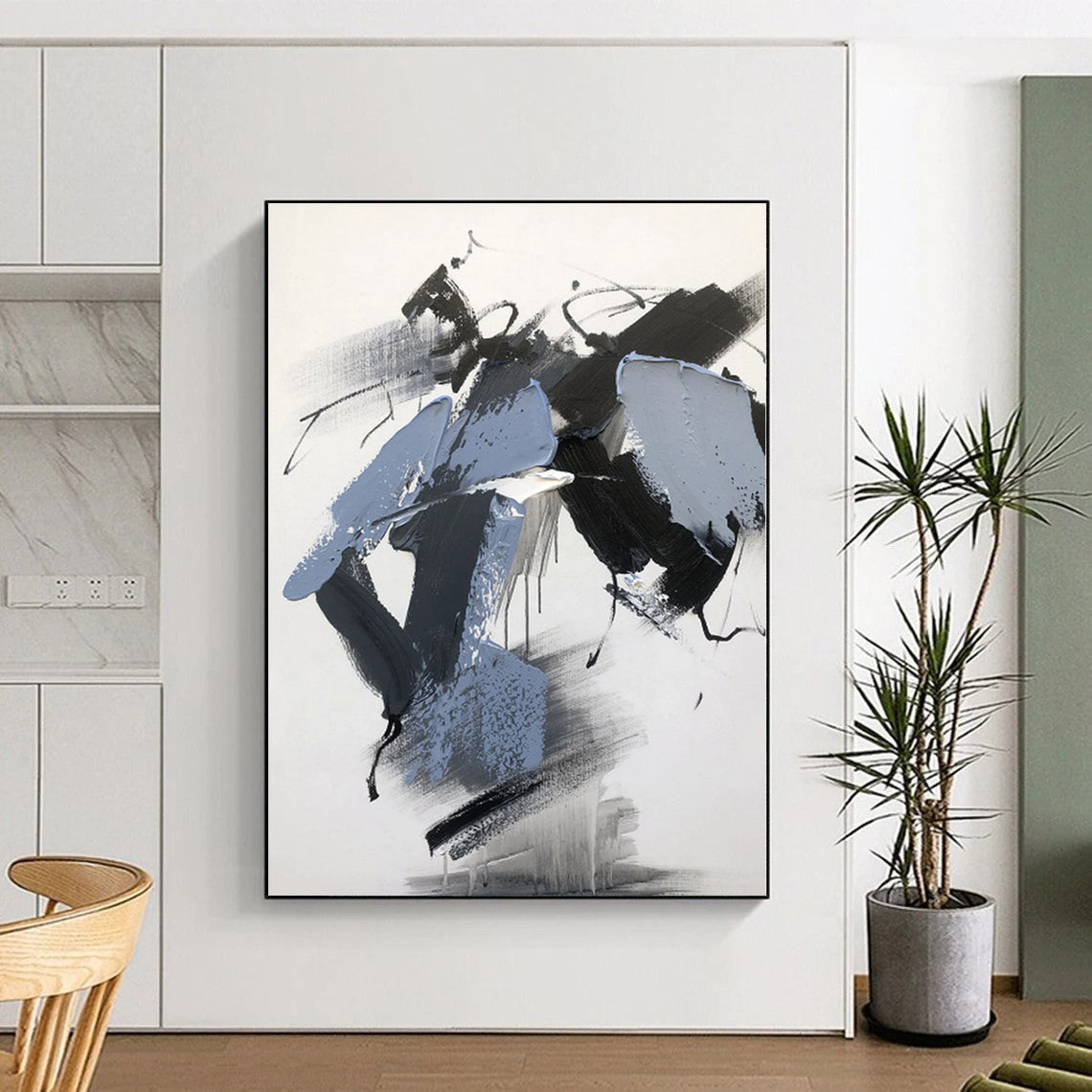 “Black - Gray - Blue Dynamic Shapes” - Black, Gray, Blue Abstract Painting On Canvas PS0498