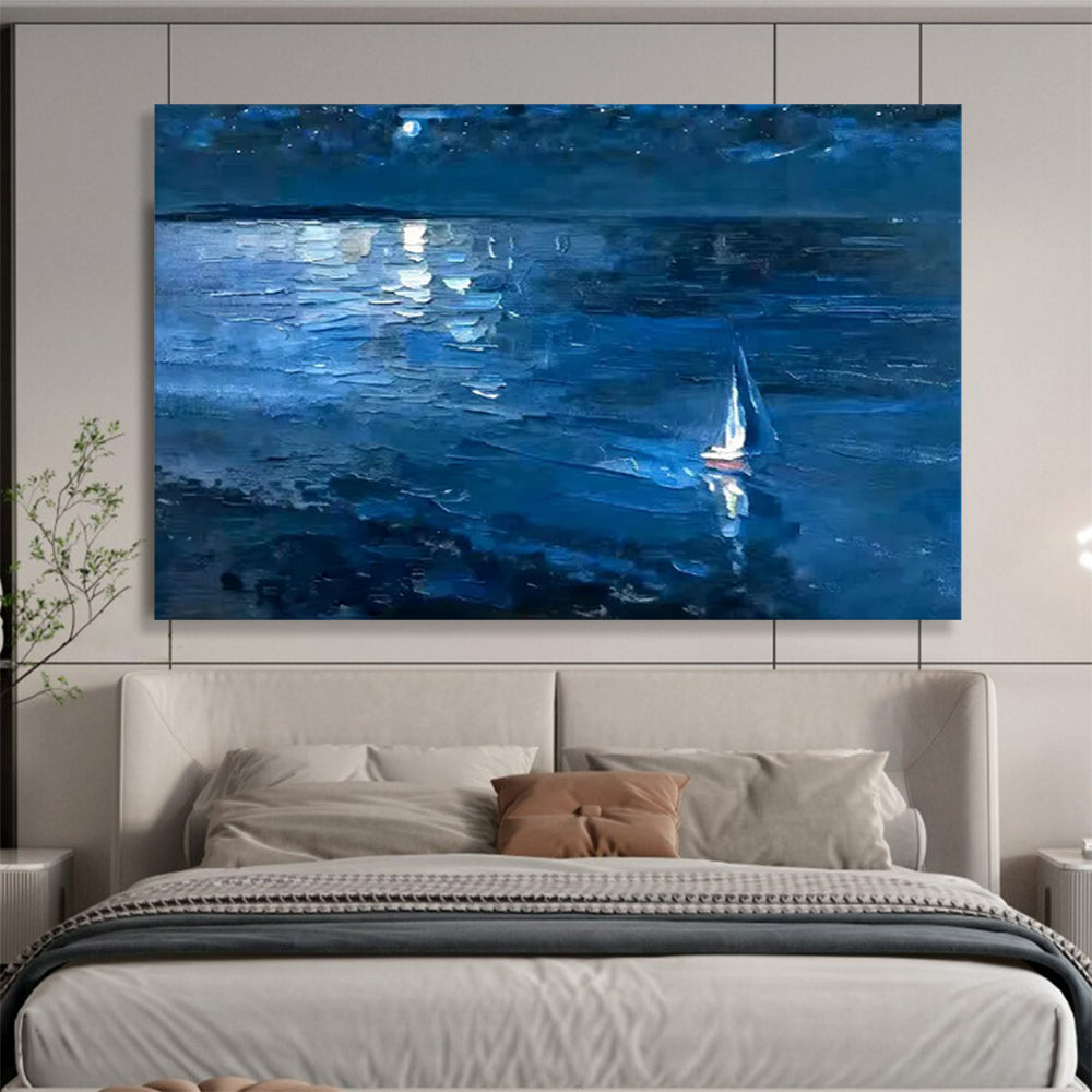 “Blue Night Sea with Sailboat” - Impressionist Seascape - Painting On Canvas PT1784
