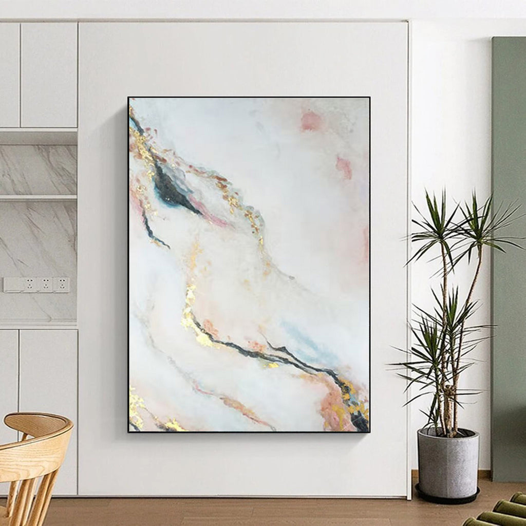 “Pink, Gold & Blue Marble - Like” - Abstract Painting On Canvas PS0433