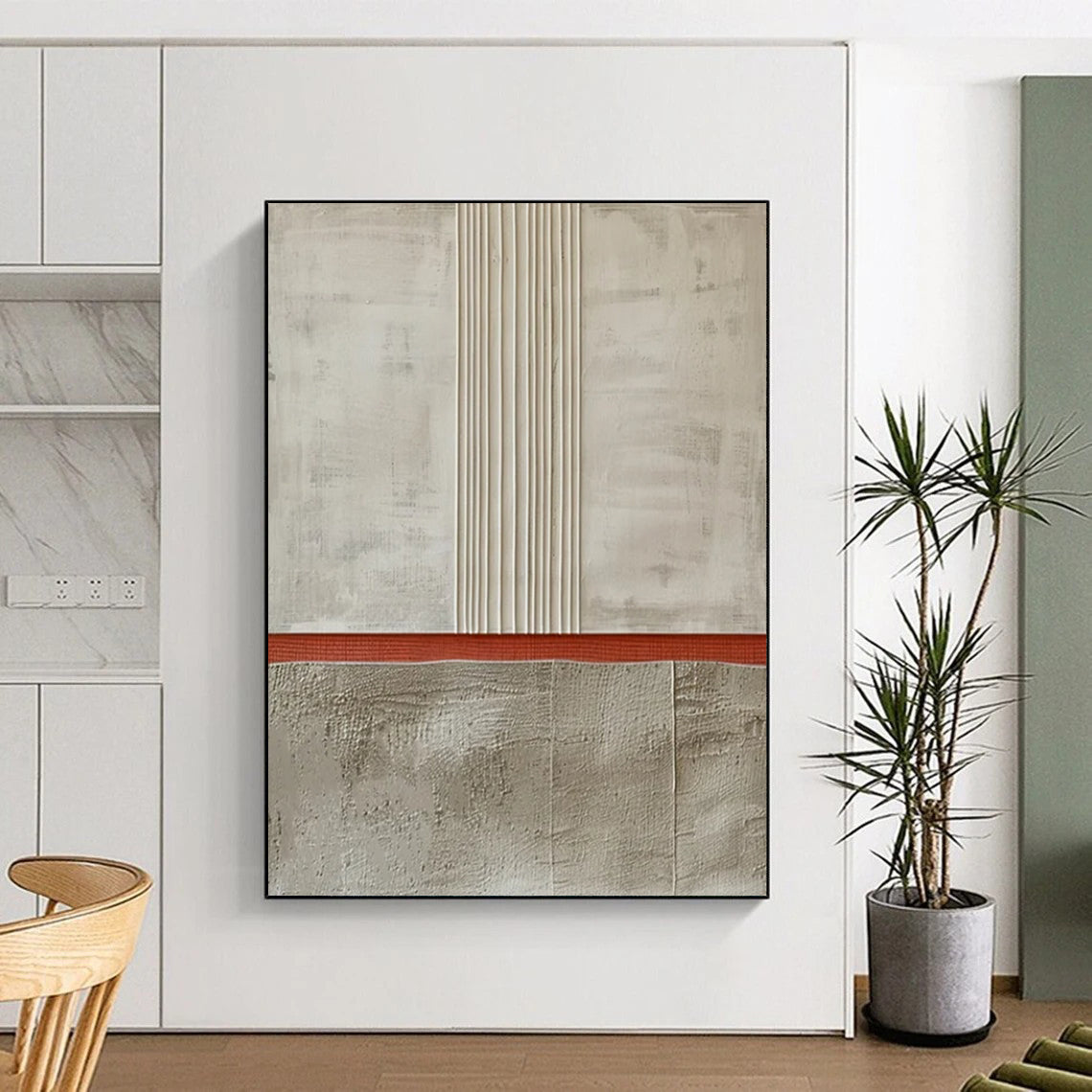 “Gray - Red Textured Minimalism” - Mixed - Media Abstract Painting On Canvas DS026