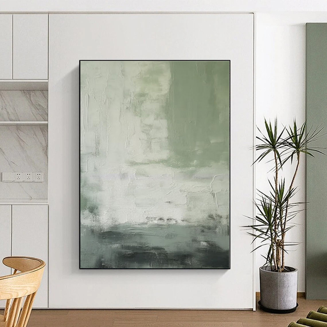 “Green - Gray - White Textured Abstraction” - Green, Gray, White Abstract Painting On Canvas PS0523