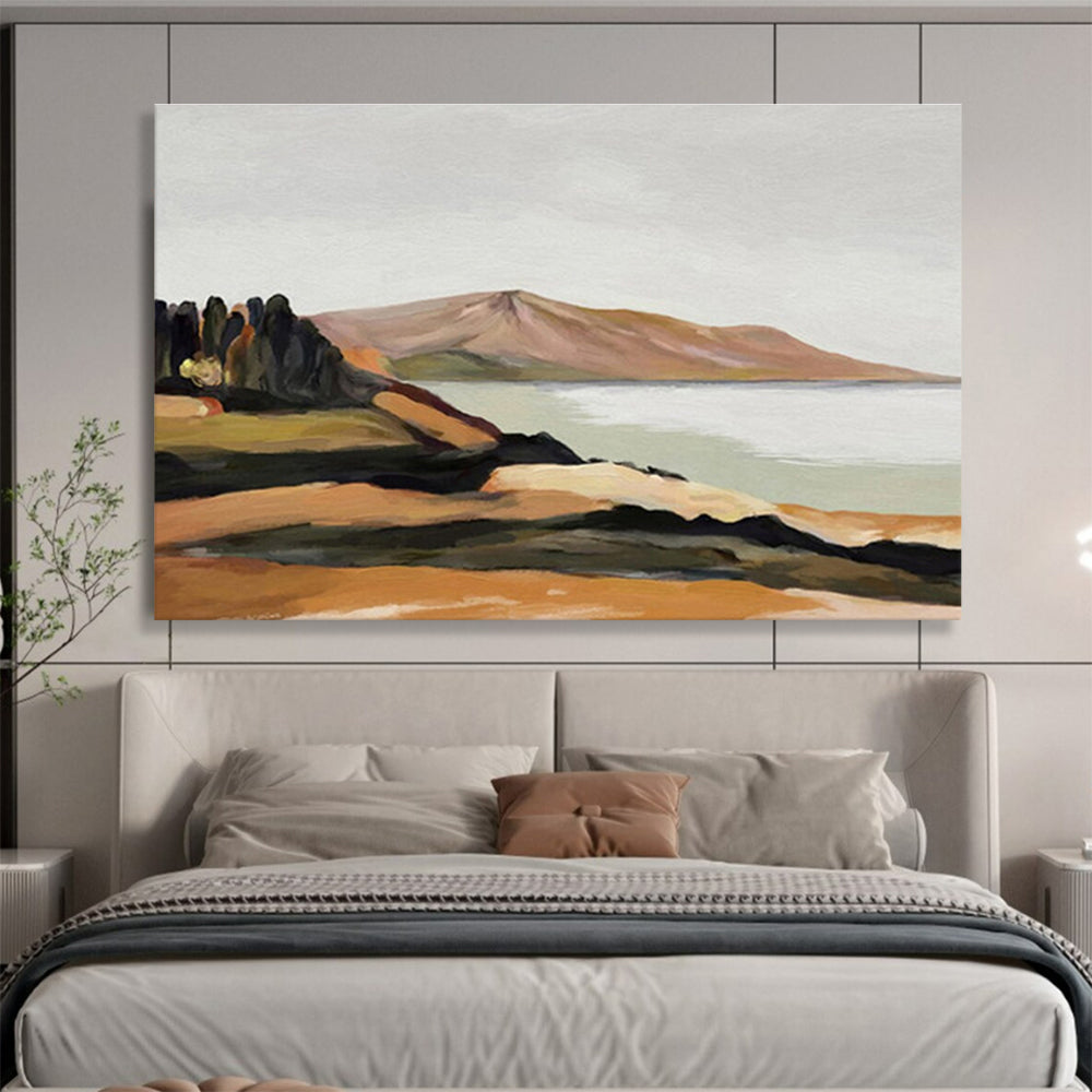 “Minimalist Coastal View” - Brown, Green & Blue Landscape, Modern Oil Painting On Canvas DKS729