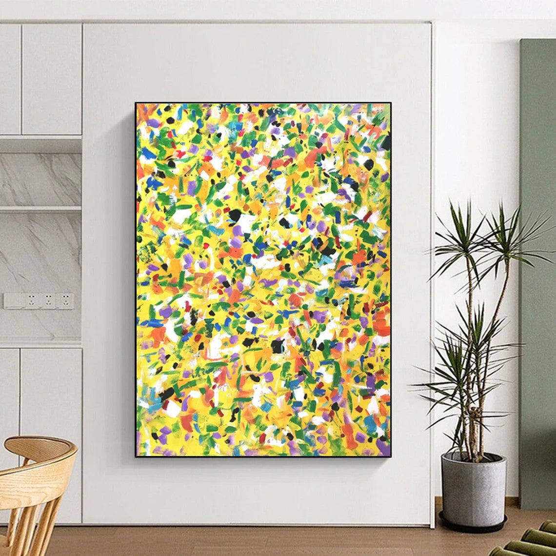 Bright Yellow - Green Dots, "Sunny Meadow" – Pointillist - Inspired Abstract On Canvas PS0901