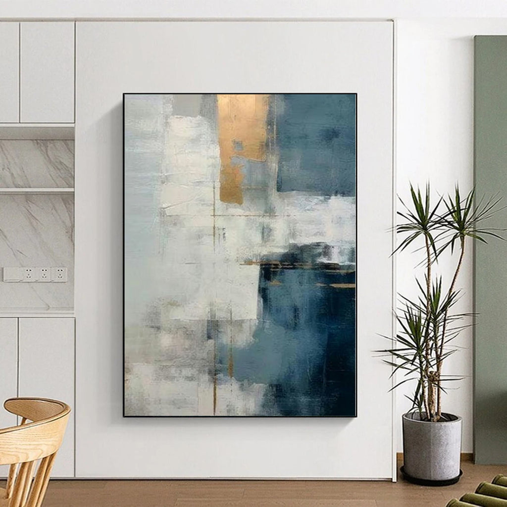 “Repeated Gold - Accented Blue - Grey Abstract” - Contemporary Abstract Painting On Canvas PS0248