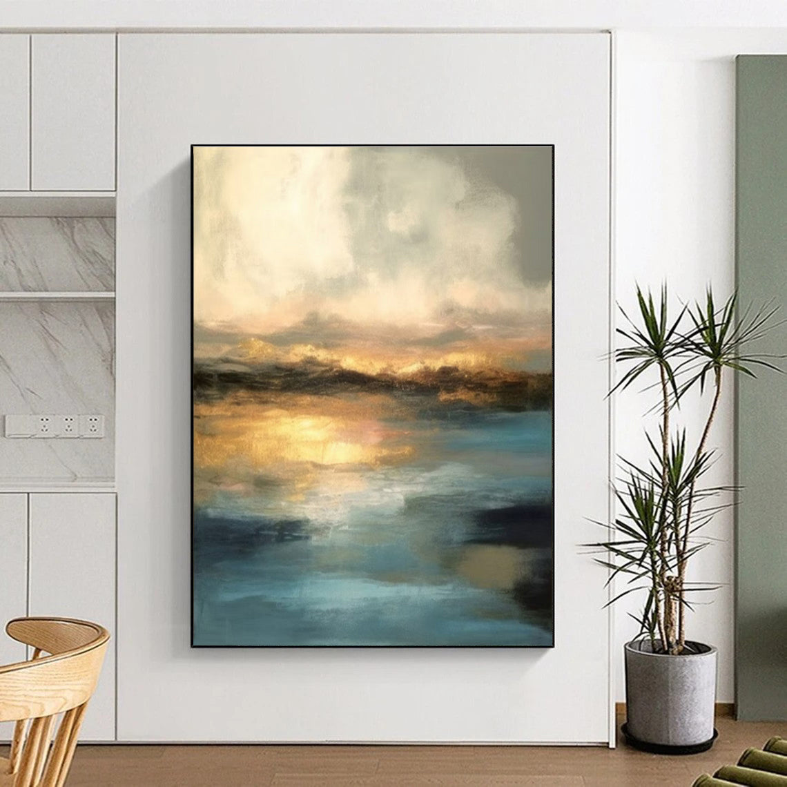 “Golden Horizon” - Blue, Gold, Gray Abstract Landscape Painting On Canvas PS0621