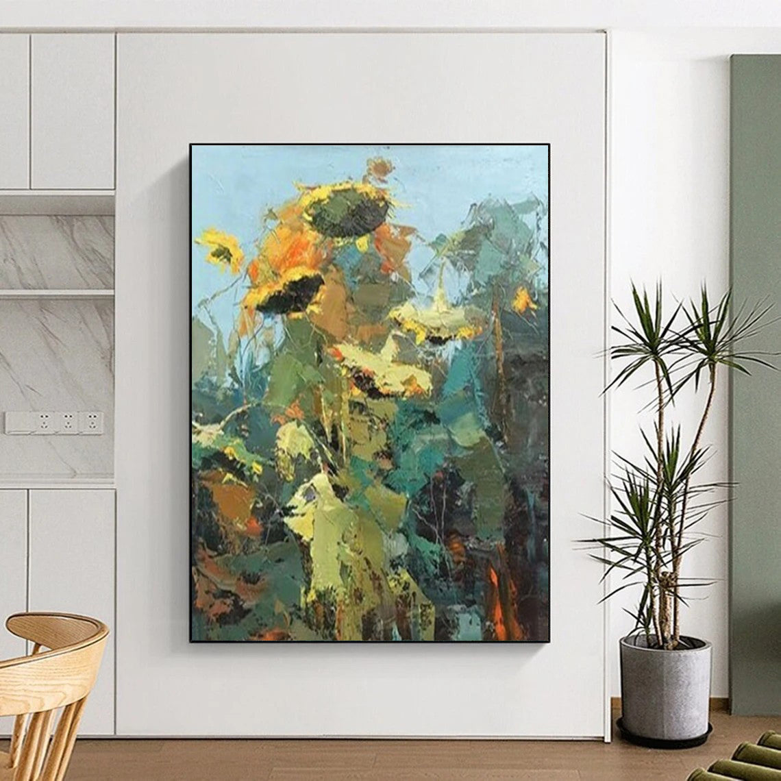 “Impasto Sunflower Abstract” - Yellow, Green Abstract Impressionist Painting On Canvas PS0732