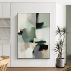 “Soft - Toned Geometric Fusion” - Light Green, Gray, Beige Geometric Abstract Painting On Canvas PS0746