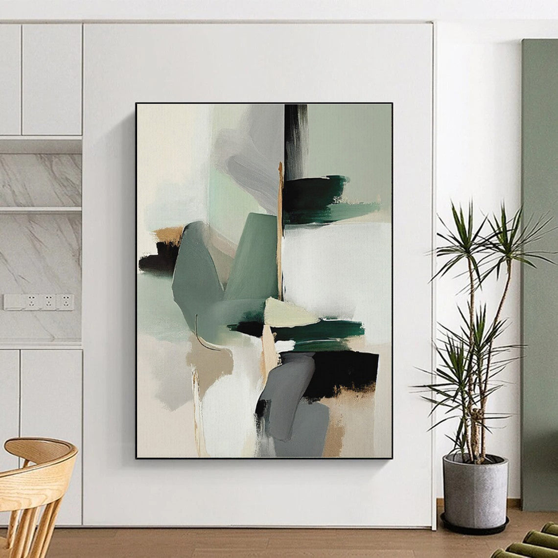 “Soft - Toned Geometric Fusion” - Light Green, Gray, Beige Geometric Abstract Painting On Canvas PS0746