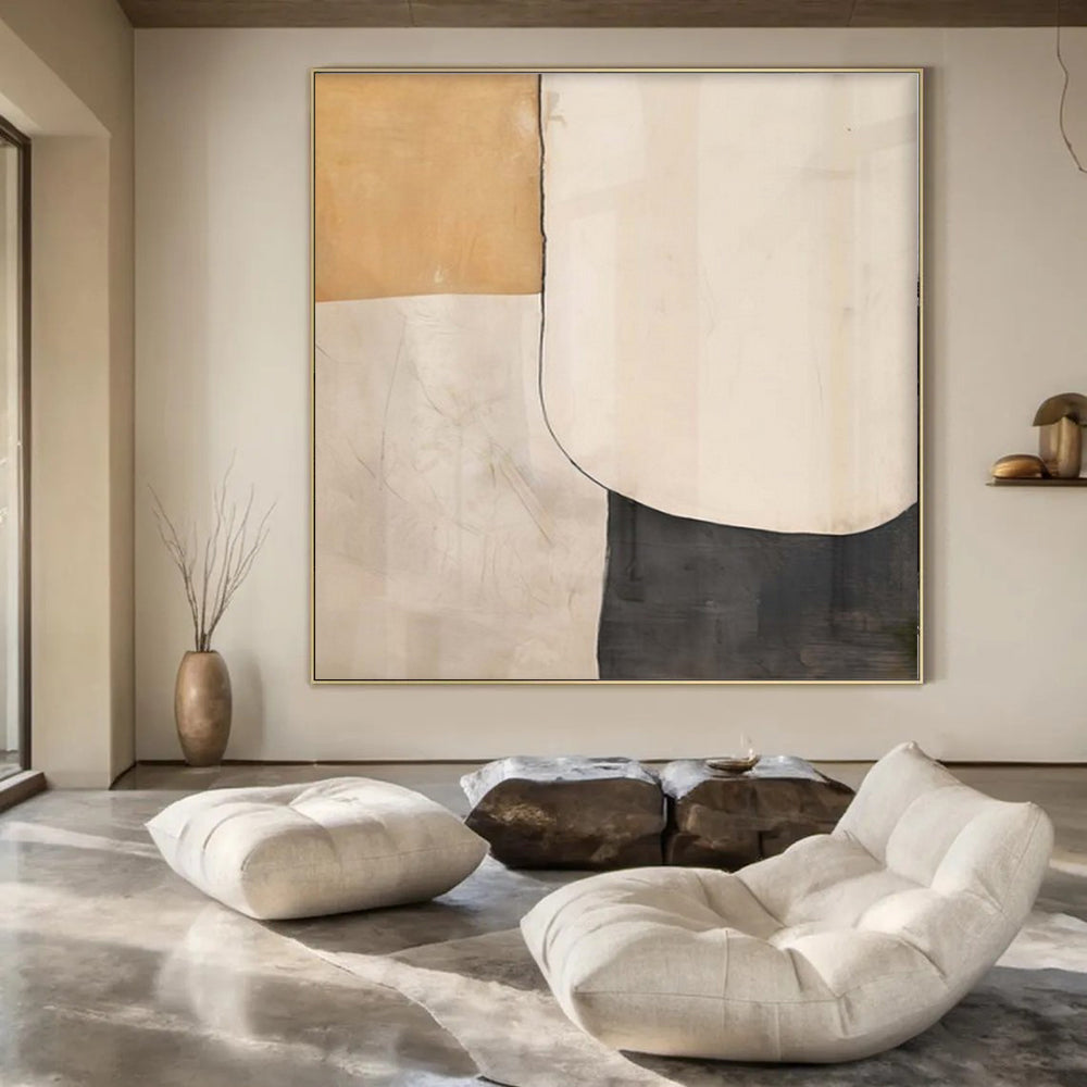 Beige, White, and Black Geometric Shapes "Minimalist Harmony" Abstract Geometric Painting On Canvas PS1044