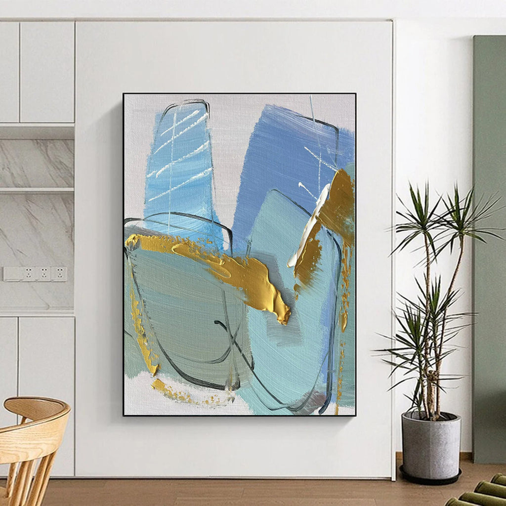 “Blue - Gold Geometric Flair” - Blue, Gold, Gray Abstract Painting On Canvas PS0499