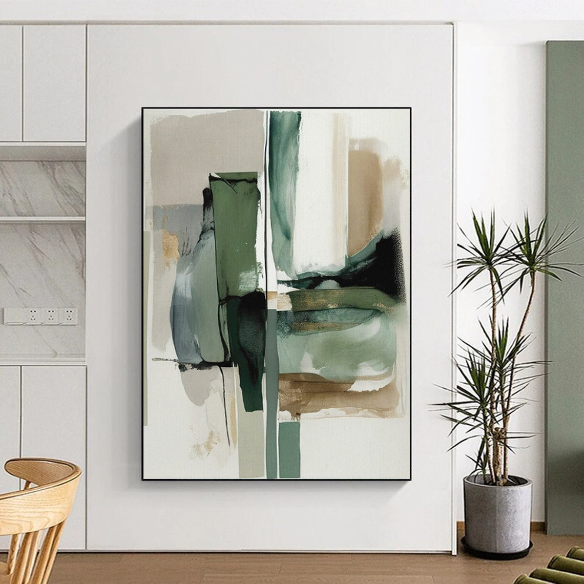 “Green & Gray Abstract Fusion” - Green, Gray, White, Gold Abstract Painting On Canvas PS0758