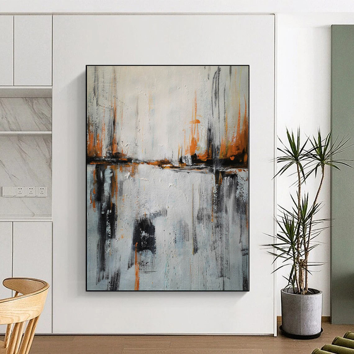 “Orange Reflection” - Gray, Orange Abstract River Scene Painting On Canvas PS0384