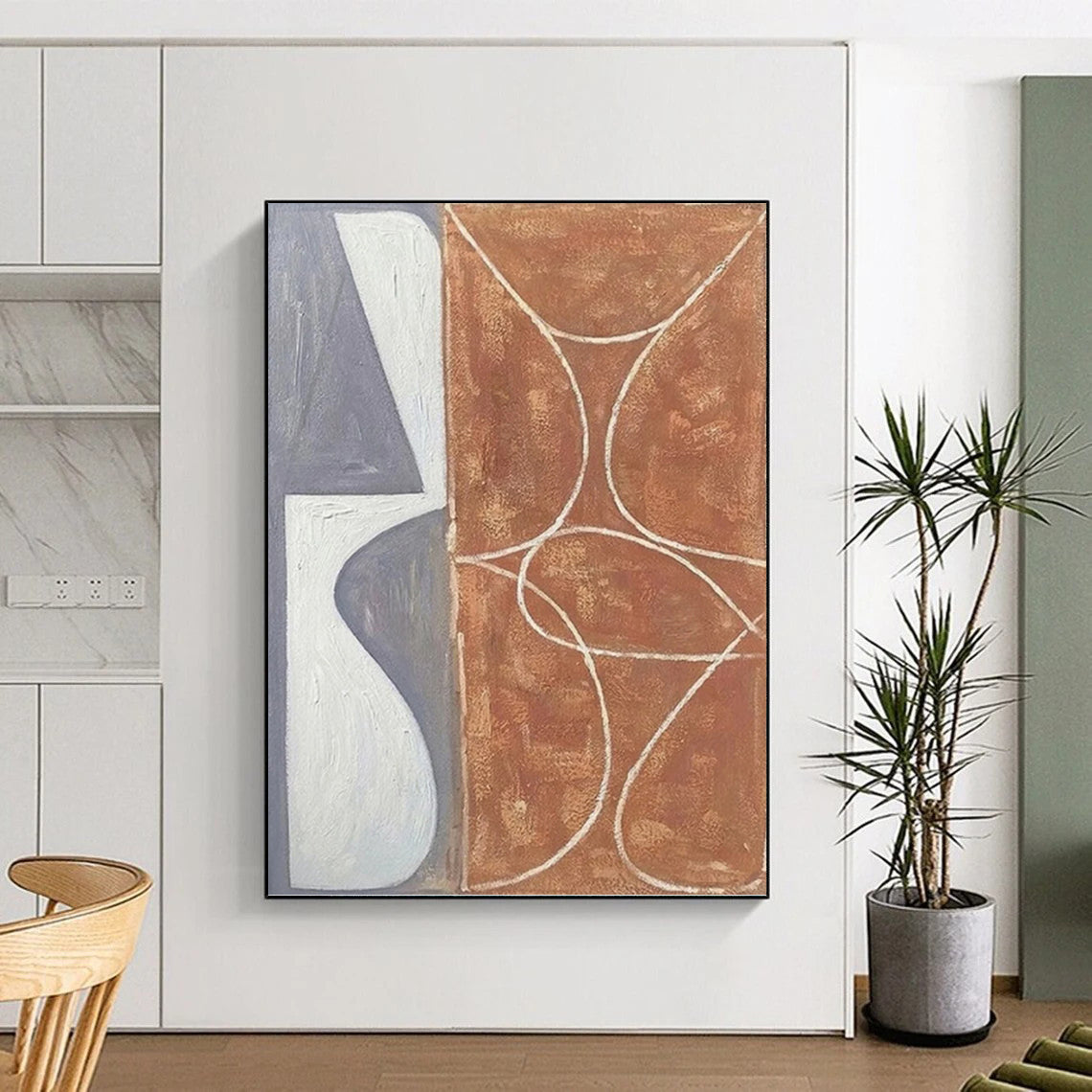 “Grey - White and Brown Curved Forms” - Geometric Abstract Painting On Canvas PT1138