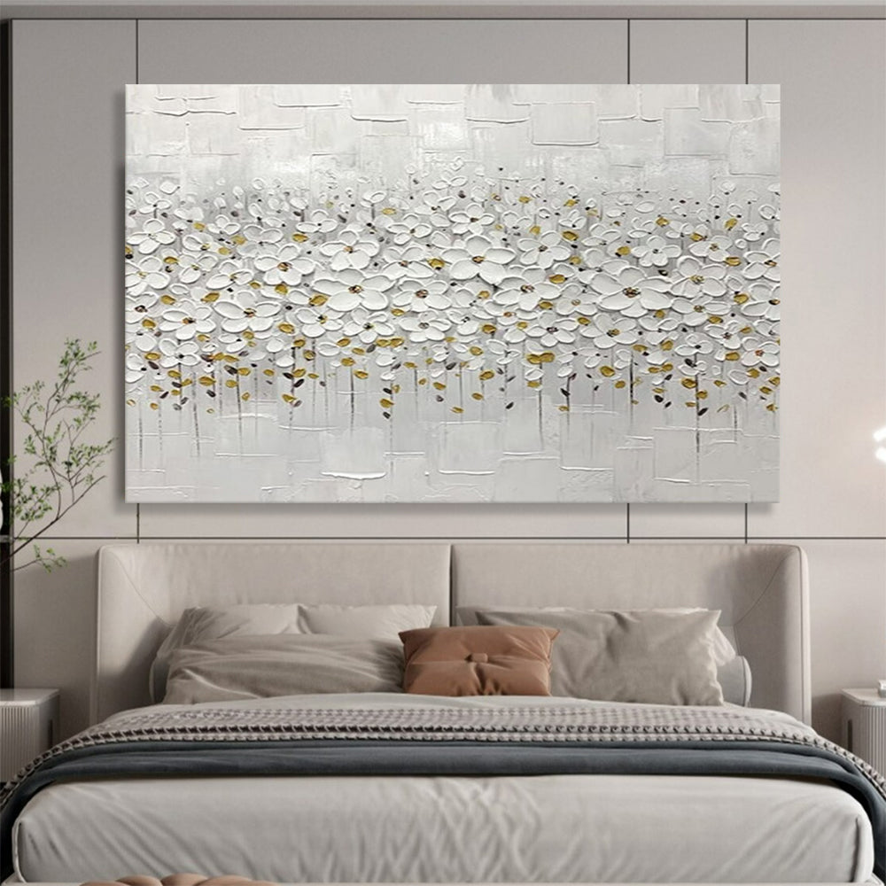 “White & Gold Floral Impasto” - Elegant Textured Painting On Canvas PT214
