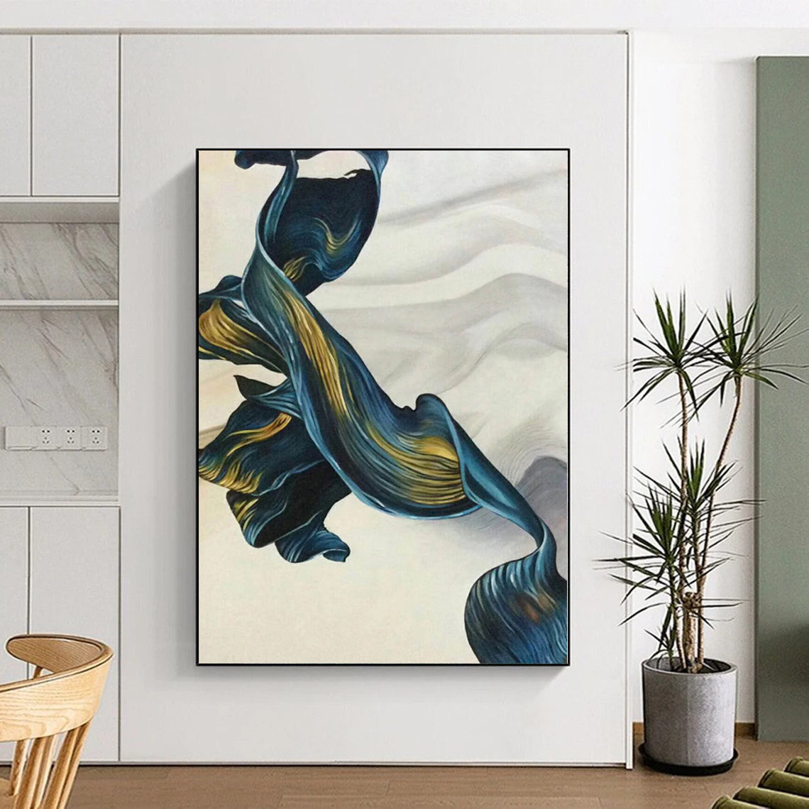“Blue - Gold Flowing Abstract Ribbon” - Graceful Abstract Painting On Canvas PS0301
