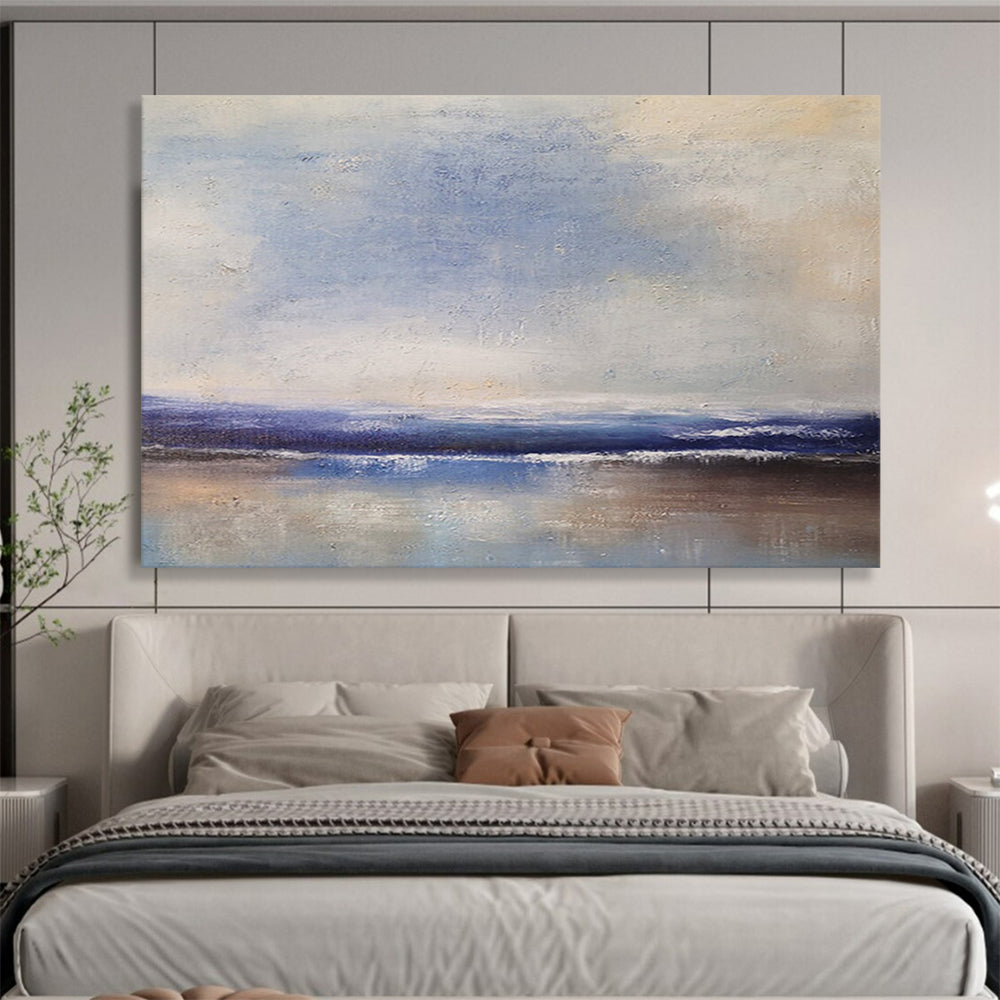 “Soft Coastal Horizon in Blues and Neutrals” - Minimalist Seascape Oil Painting On Canvas PT037