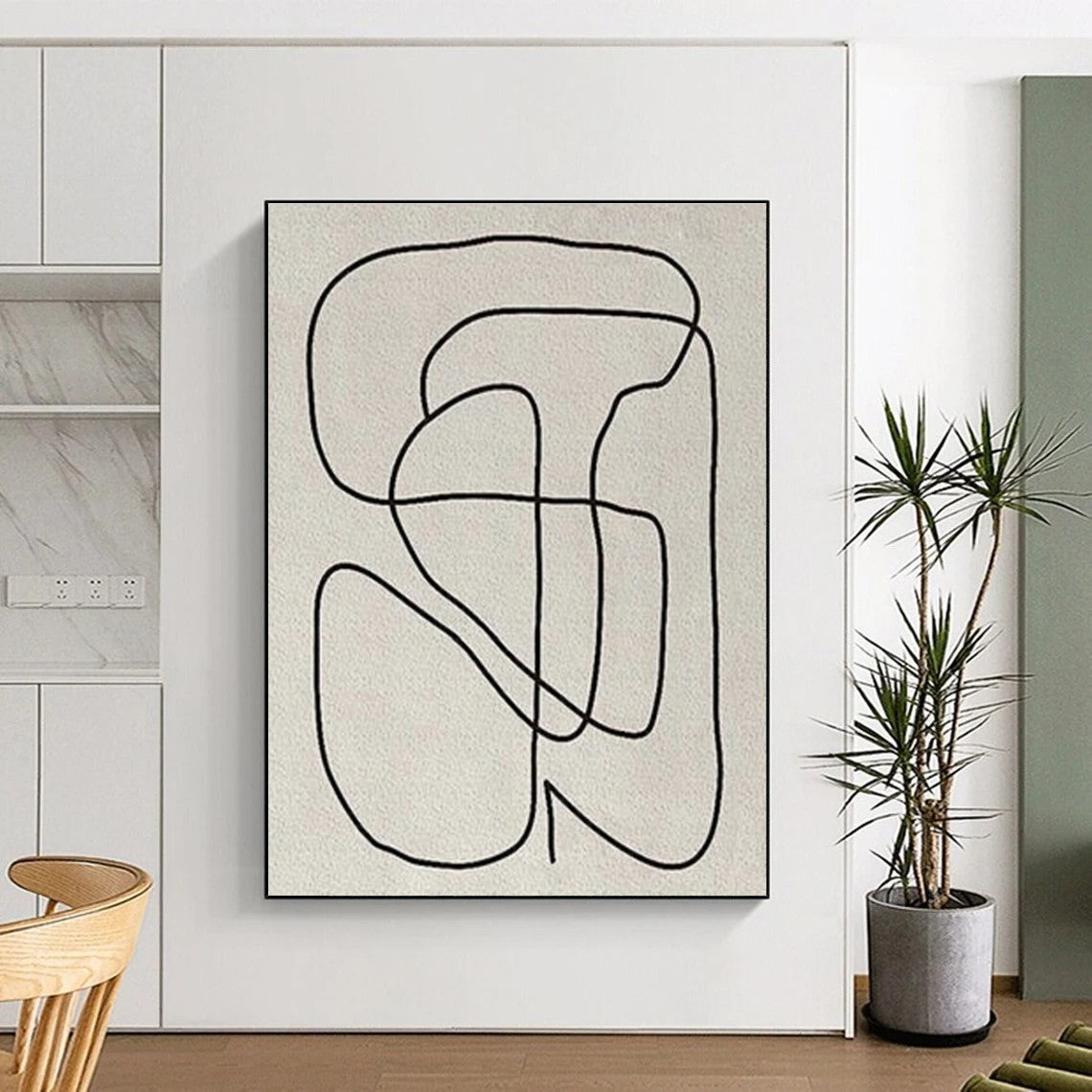 “Continuous Black Line Drawing” - Black, Beige Abstract Line Art Painting On Canvas PS0682