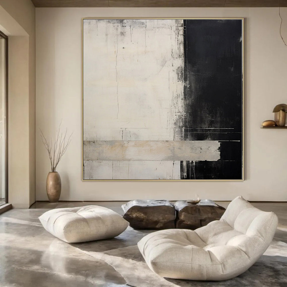 “Black - White Abstract Divide” - Monochromatic Abstract Painting On Canvas PS0220