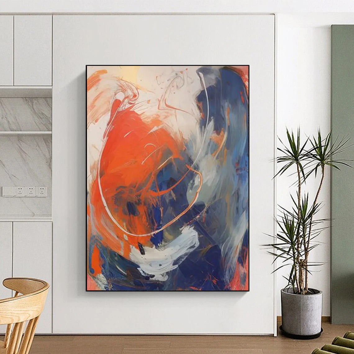 “Vibrant Swirls” - Bold Orange, Blue & White Dynamic Strokes Painting On Canvas DS133