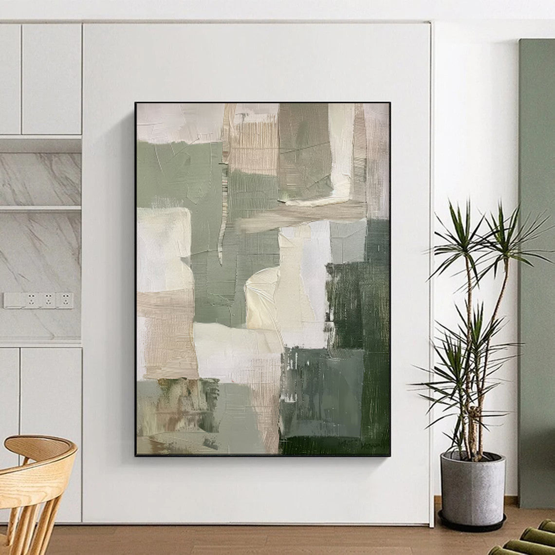 “Earthy Greens and Neutrals Abstract Blocks” - Abstract Painting On Canvas PT2053