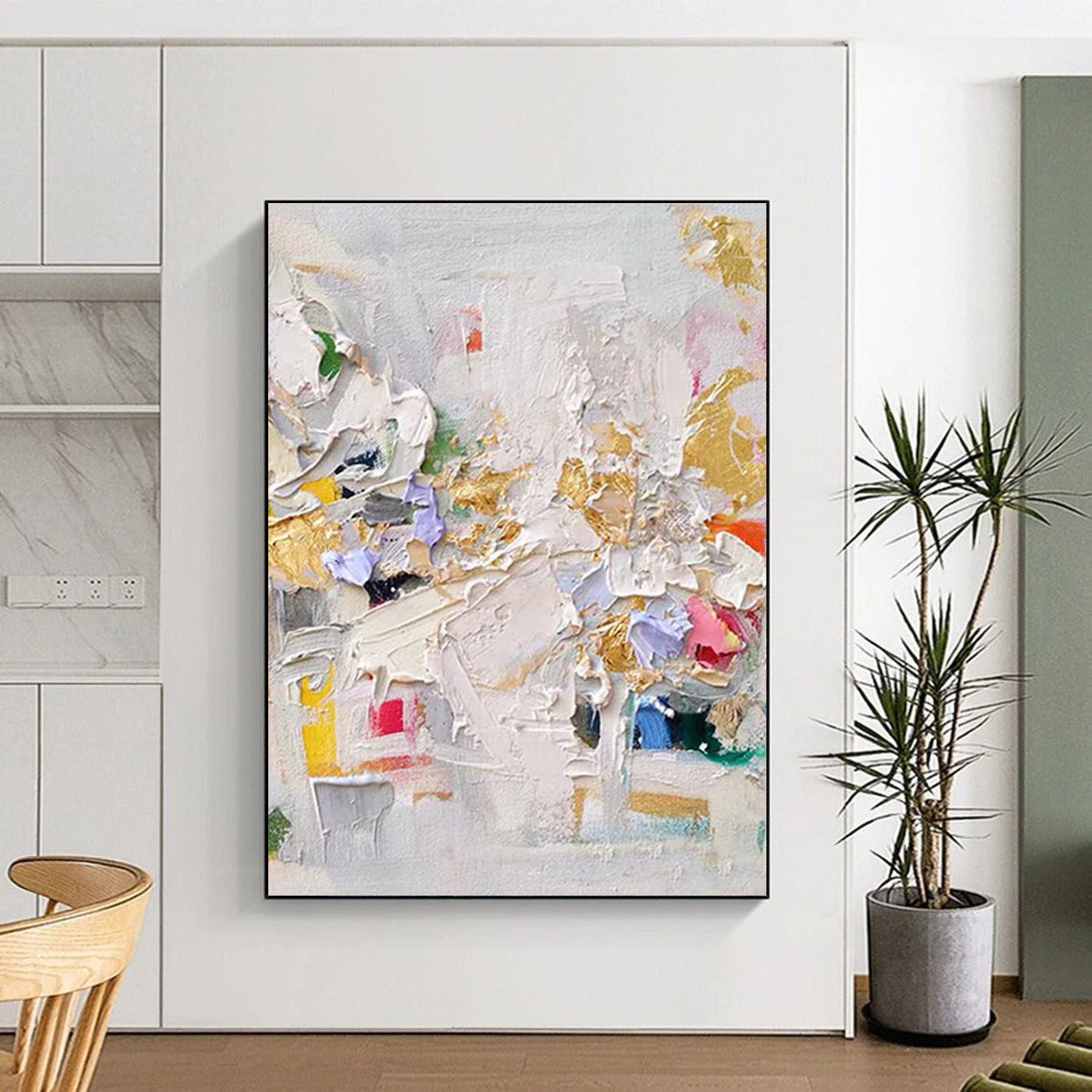 “Colorful Textured Collage” - Multicolor, Gold Abstract Impasto Painting On Canvas PS0723