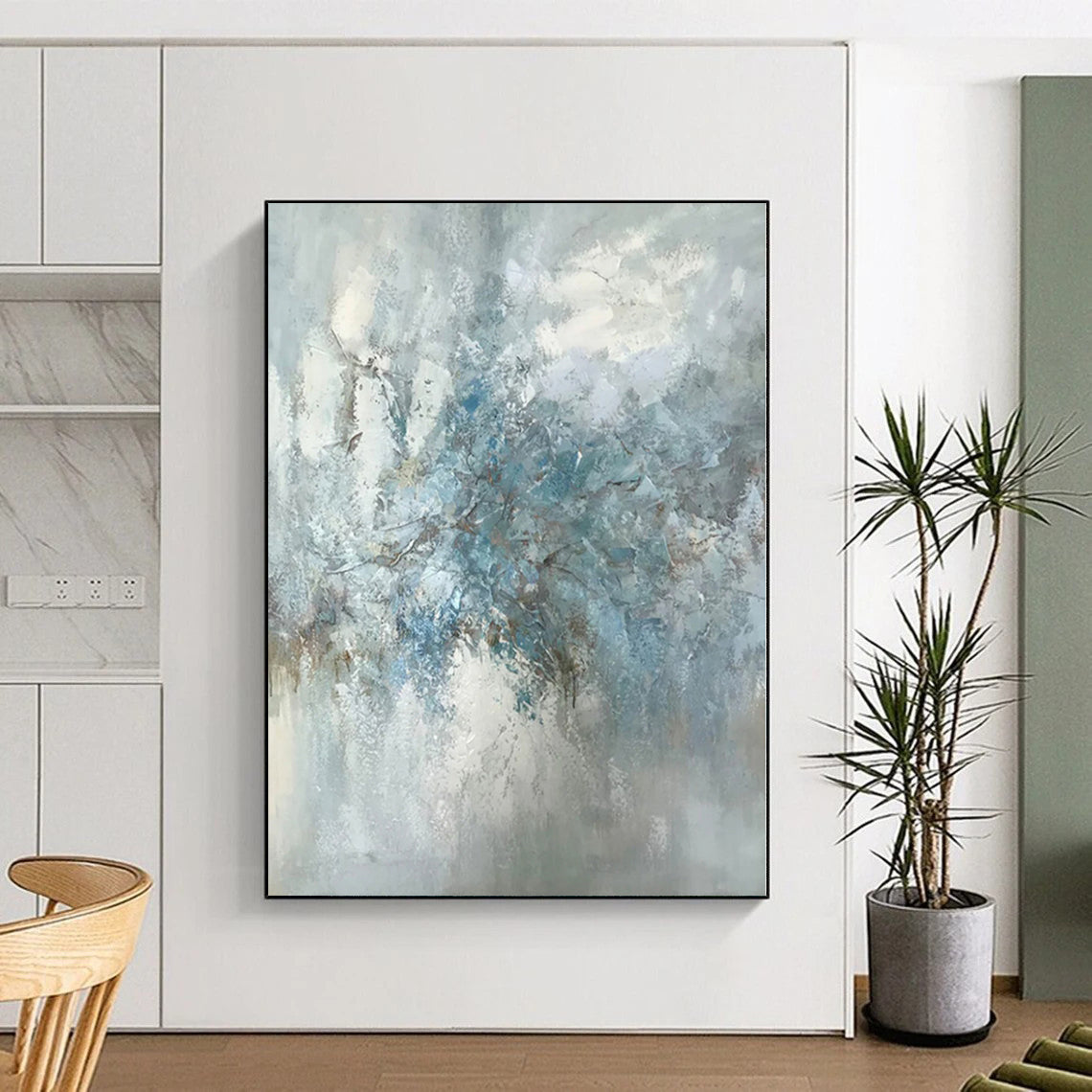 “Soft Blue - Grey Abstract Floral - like Form” - Impressionistic Abstract Painting On Canvas PS0297
