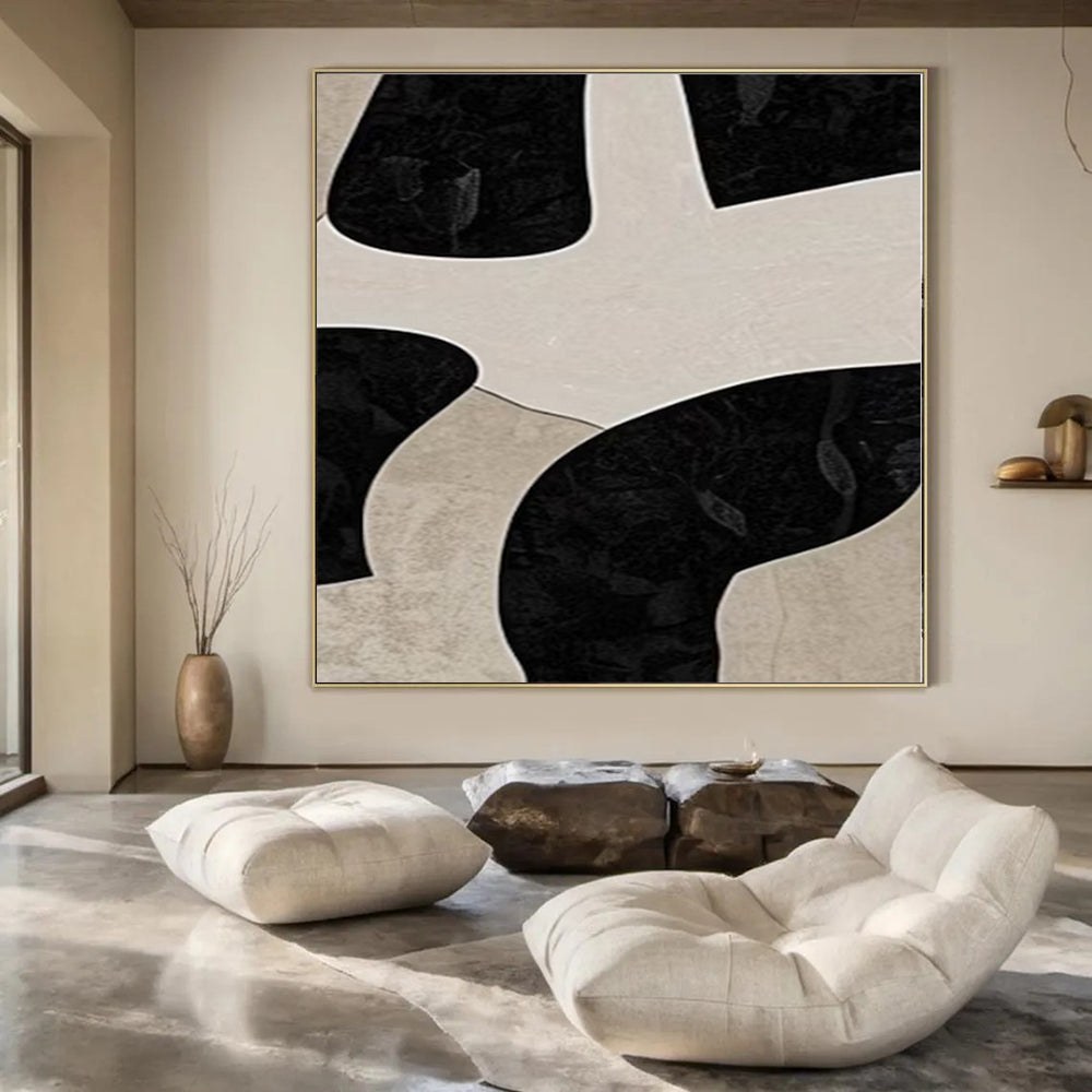 Beige and Black Organic Shapes "Mystic Puzzle" Modern Abstract Painting On Canvas PS1099