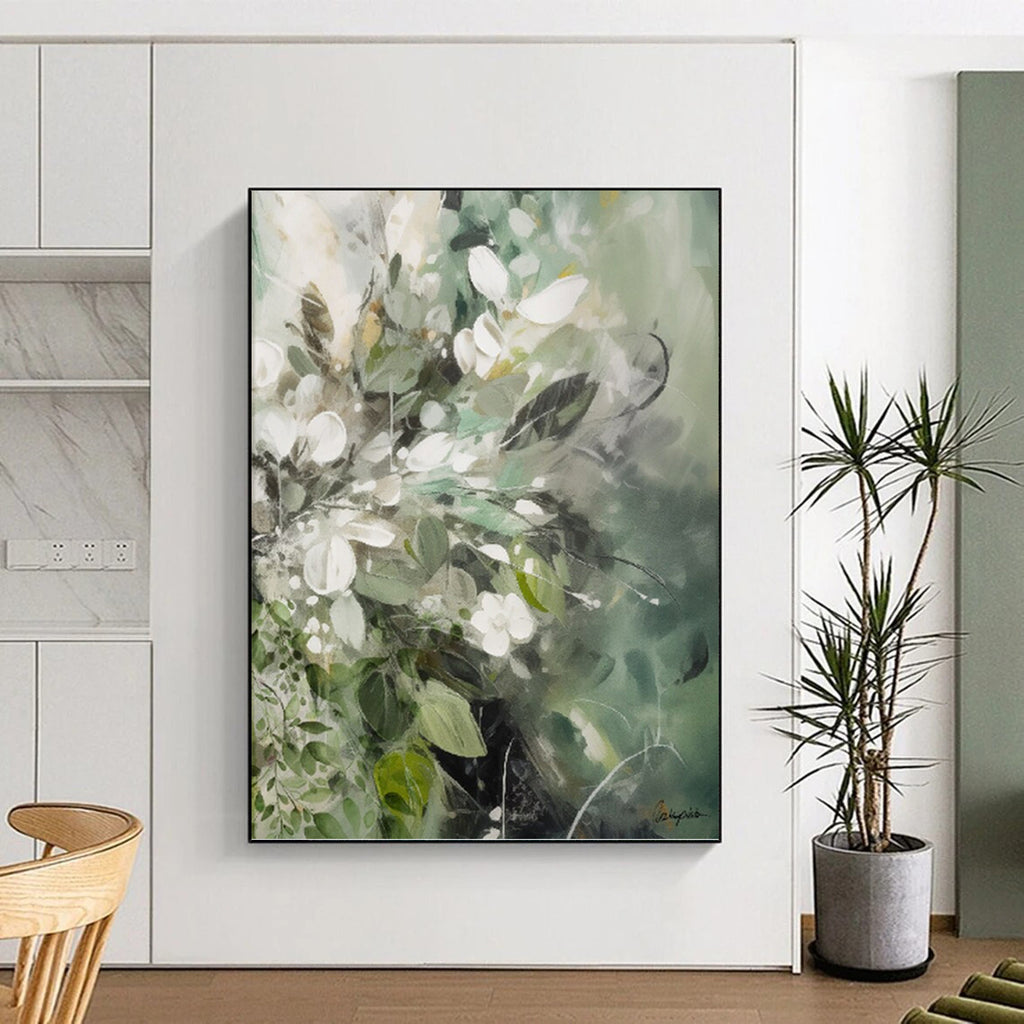 “Green - White Floral Blend” - Soft Floral Abstract Painting On Canvas PT1086