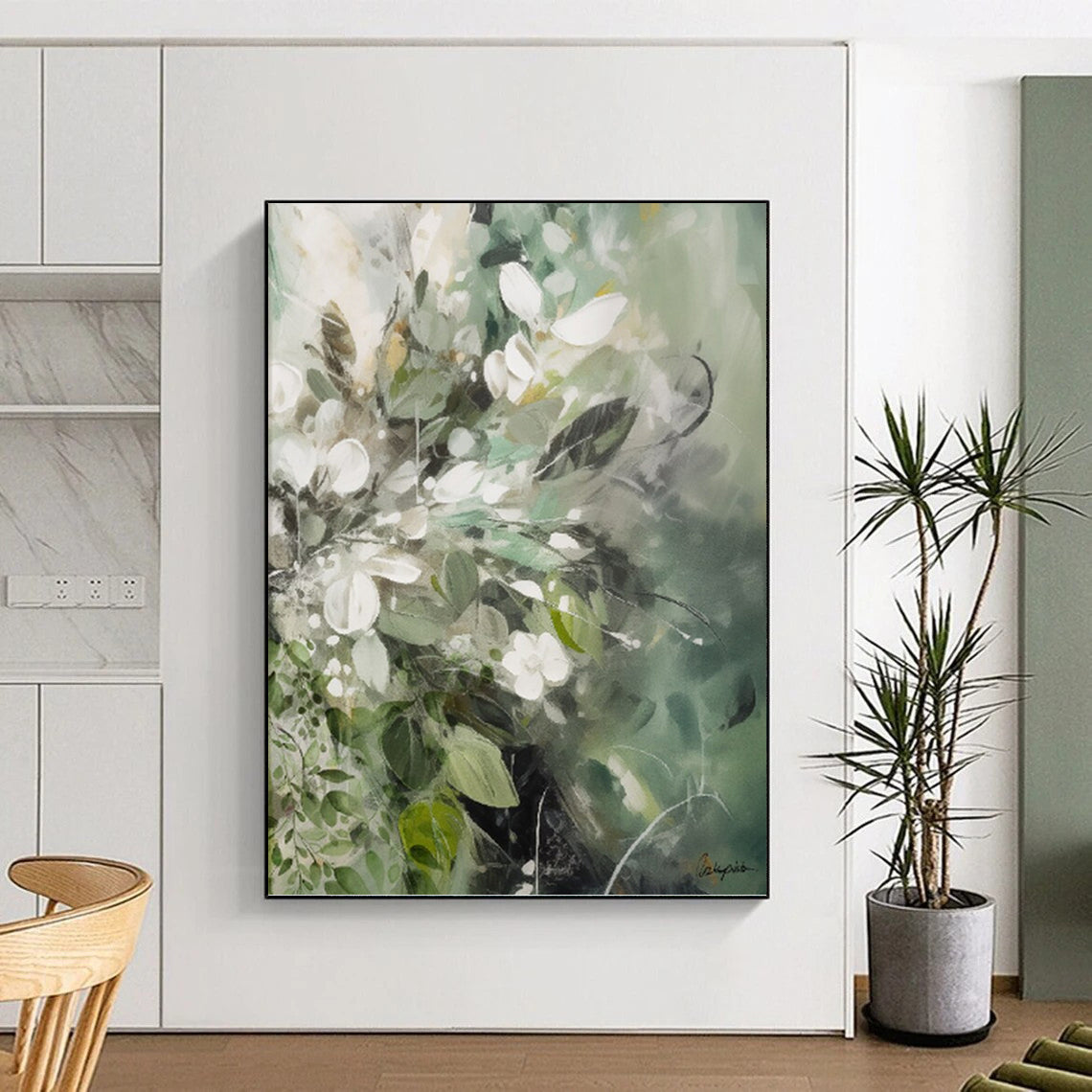 “Green - White Floral Blend” - Soft Floral Abstract Painting On Canvas PT1086