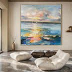 Blue, Yellow, Pink, Purple with Impasto Seascape "Sunset Sail" Impasto Painting On Canvas PS1389