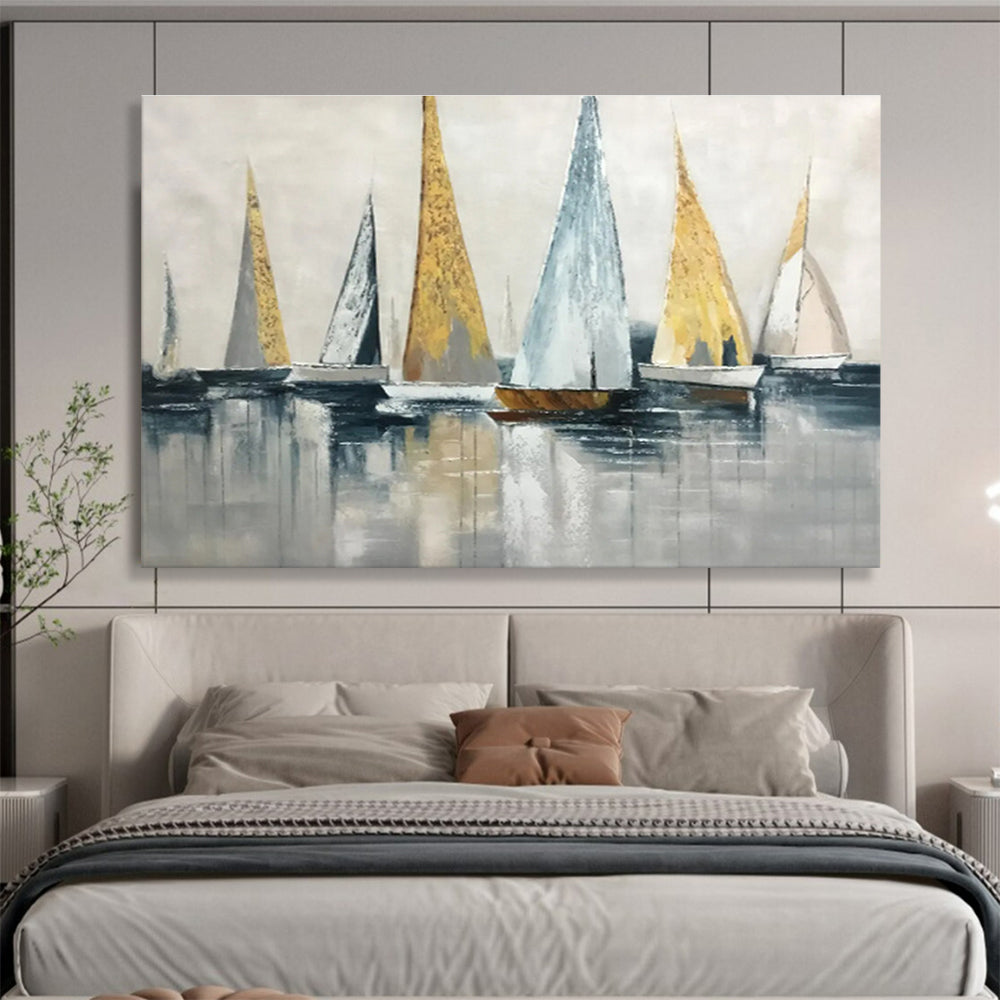“Gold - Accented Sailboat Abstract” Abstract Painting On Canvas DKS169