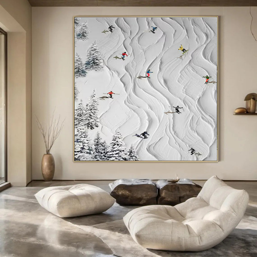 White, Colorful Figures with Textured Snow "Ski Slope Fun" Textured Painting On Canvas PS1401