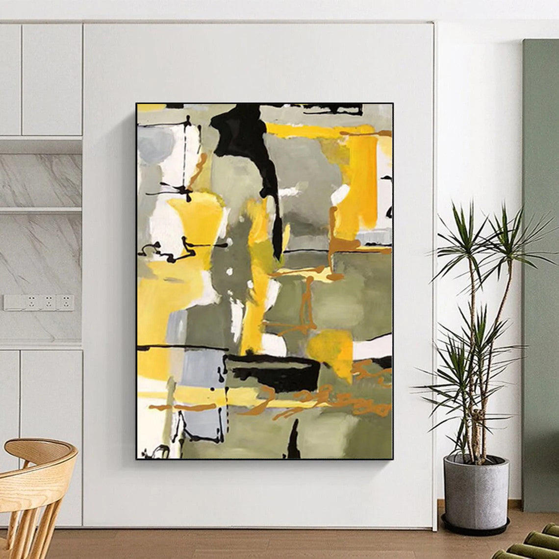 “Yellow - Grey Abstract Dynamic Shapes” - Lively Abstract Painting On Canvas PS0344