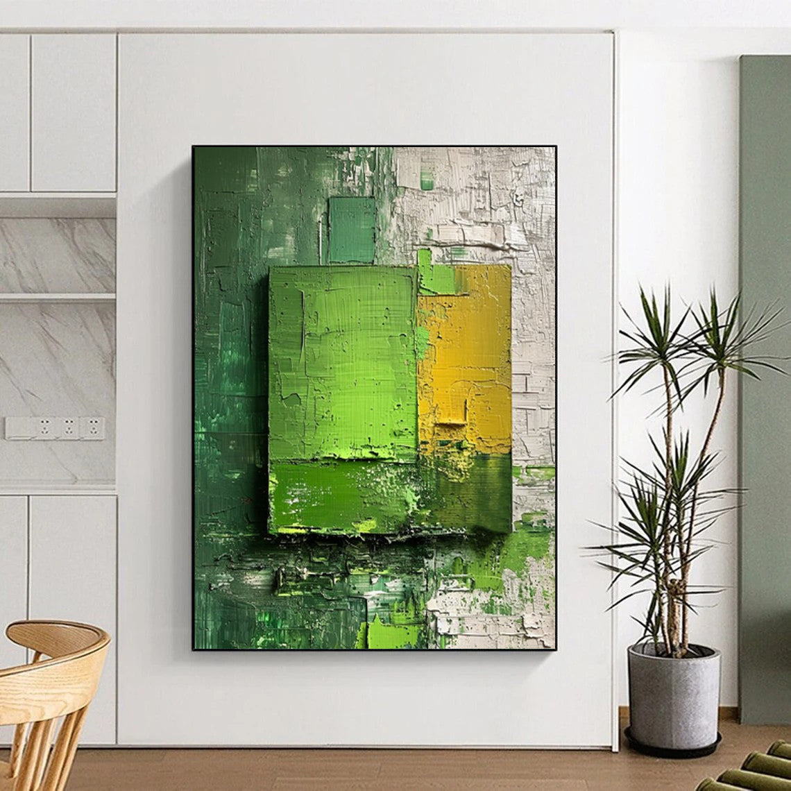 “Green - Yellow Textured Squares” - Abstract Expressionist Painting On Canvas DS030