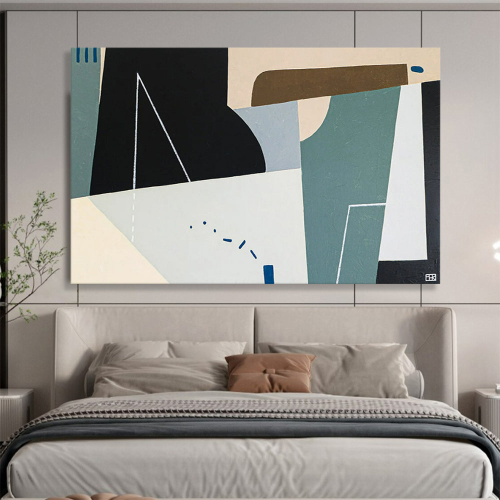 “Geometric Shapes in Black, Beige, Teal” Cubist Abstract Painting On Canvas PT1805