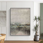 “Muted Landscape Impression” - Gray, Green, Yellow Abstract Landscape Painting On Canvas PS0565