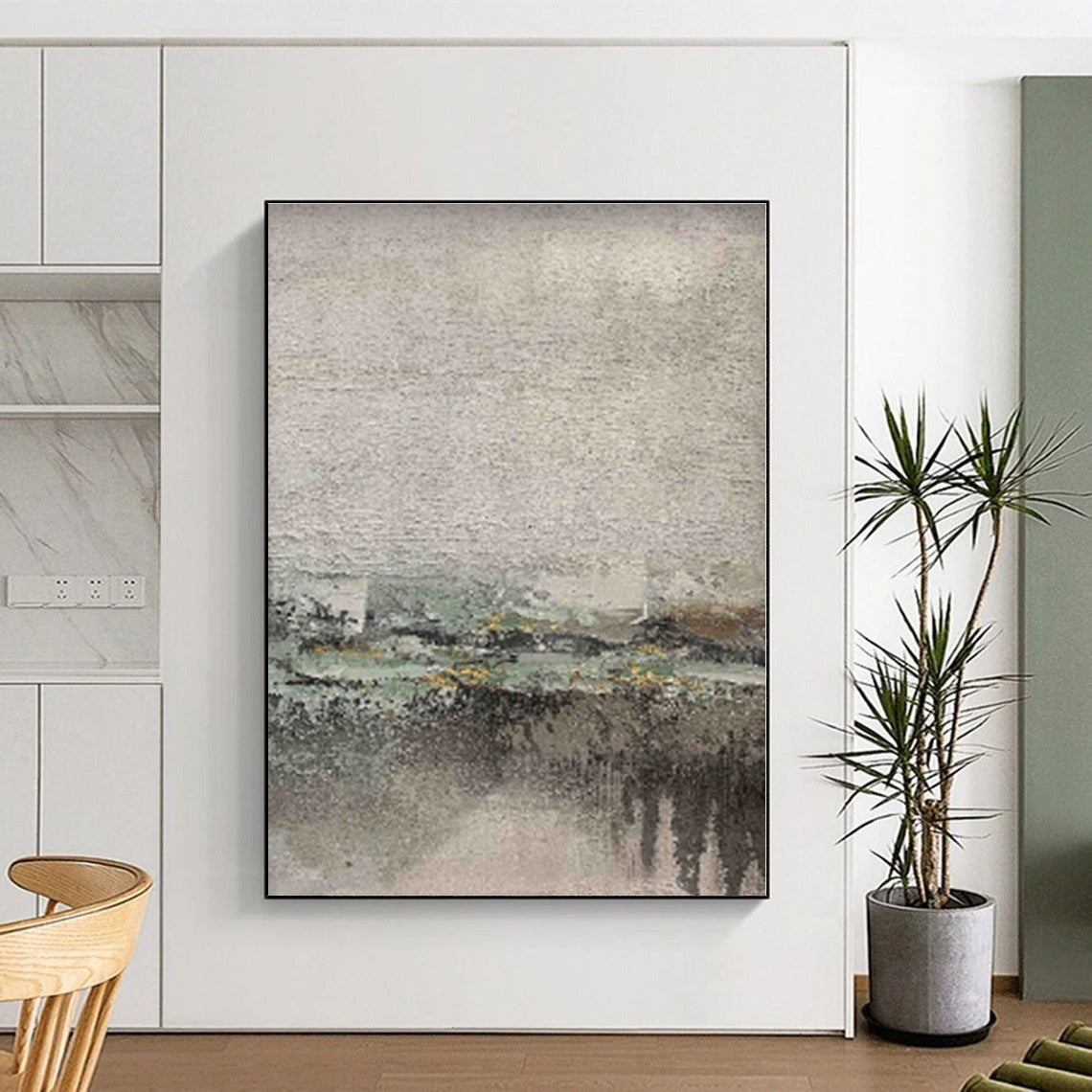 “Muted Landscape Impression” - Gray, Green, Yellow Abstract Landscape Painting On Canvas PS0565