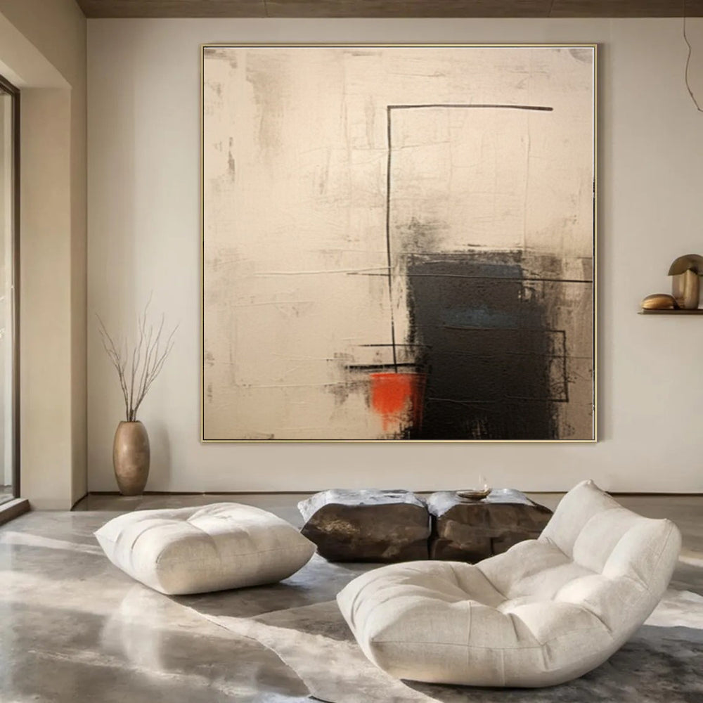 Beige, Black, Red with Geometric Abstraction "Geometric Sparks" Abstract Painting On Canvas PS1291